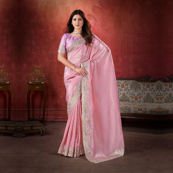 Intricately Pretty Pink Embroidered Saree