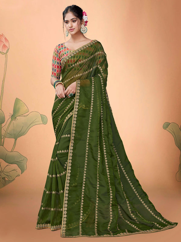 Olive Green Designer Saree with Intricate Designs
