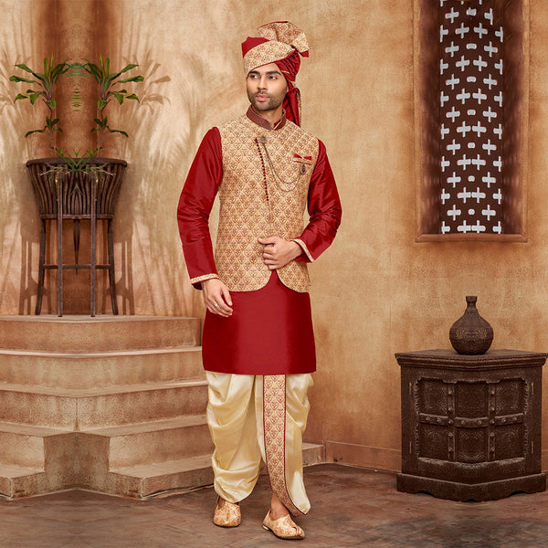 Crimson Red Kurta with Gold Dhoti and Ornate Jacket