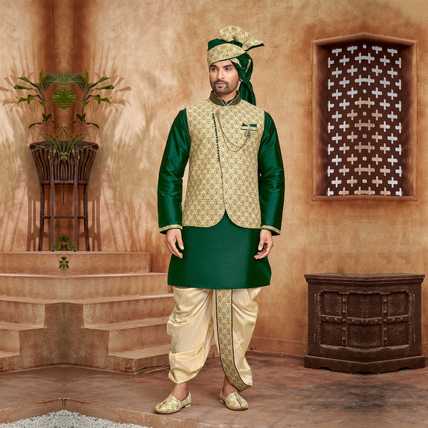 Emerald Elegance Green Kurta with Golden Dhoti and Designer Jacket