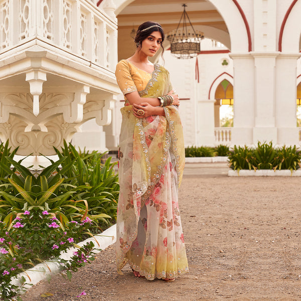 Breatheable Soft Organza Floral Printed Saree in Yellow