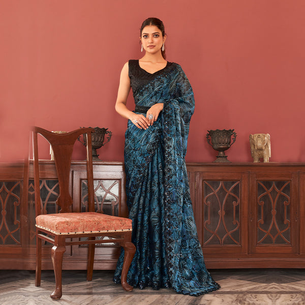 Blue and Black Contrasted Printed Saree With Blouse and Belt