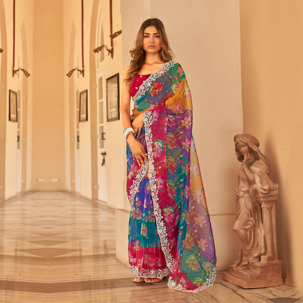 Dark Shaded Floral Saree in Organza With Beautiful Embroidery