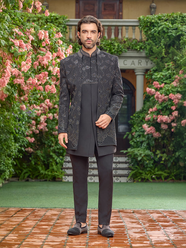 Noir Leaf Embroidered Jodhpuri Set