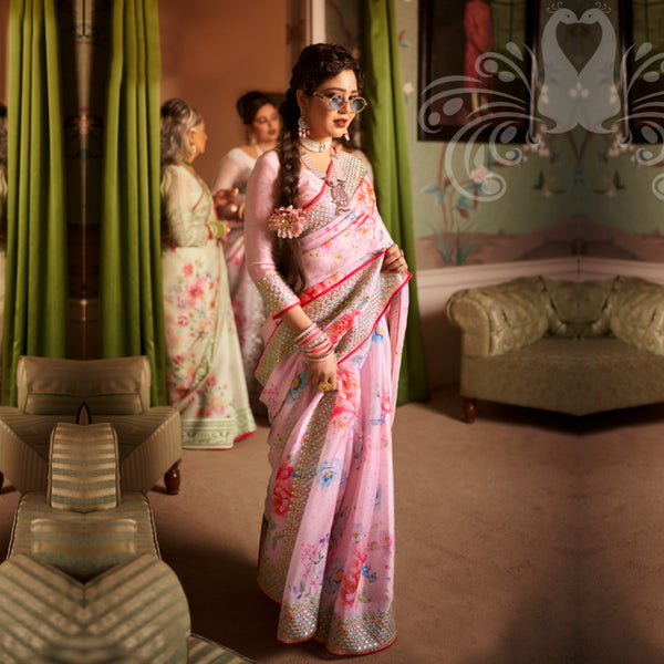 Pink Floral Saree Enriched With Mirror Work Border