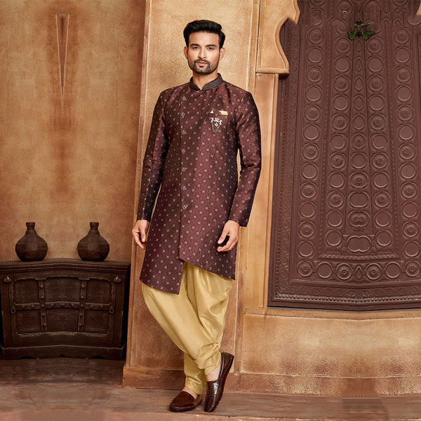 Cocoa Elegance Brown Indowestern with Gilded Golden Pyjama