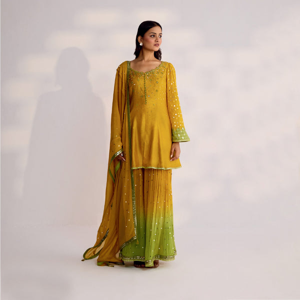 Yellow and Green Mirror Embroidered Palazzo Set