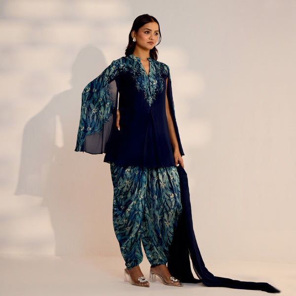 Navy Blue Flared Top with Printed Salwar Suit
