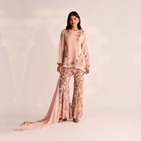 Peach Floral Printed Top and Flared Pants Set with Dupatta