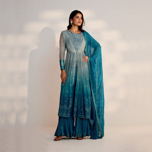 Blue Ombre Style Gota Embroidered Front Slit Long Palazzo Set