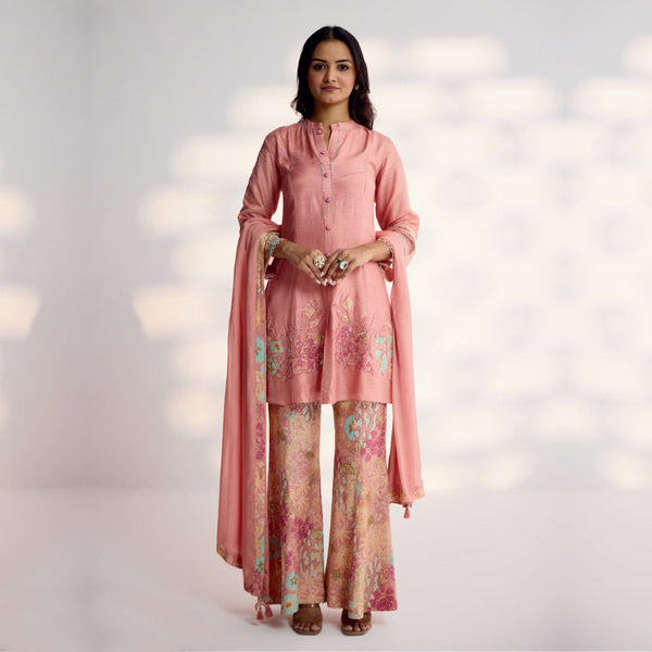 Pink Short Flared Floral Salwar Suit  and Dupatta