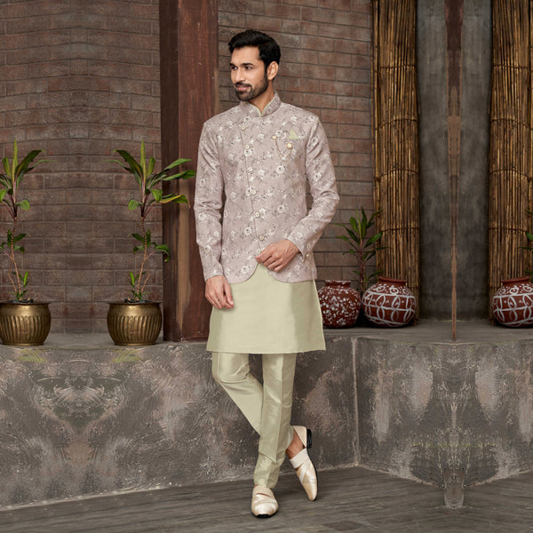 Wedding Look Beige Indowestern in Silk