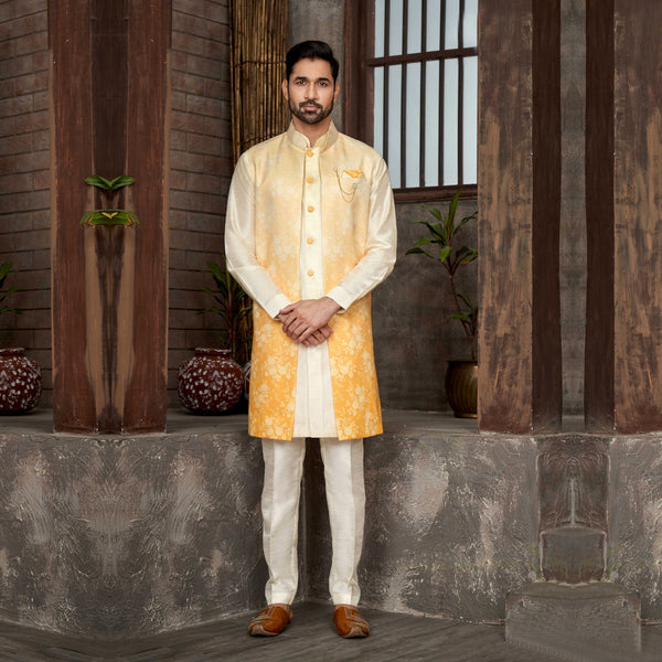 Cream and Yellow Wedding Silk Indowestern