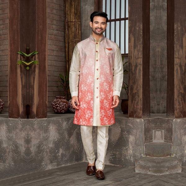 Wedding Wear Cream and Pink Silk Indowestern