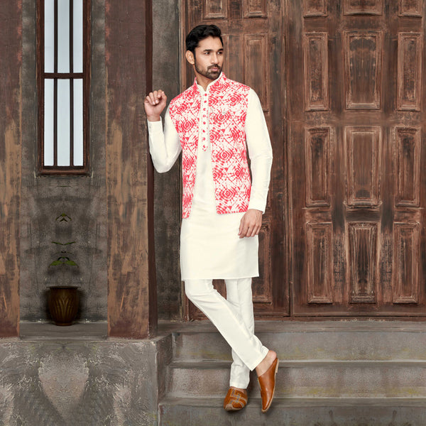 Cream and Pink Printed Silk Waistcoat Set