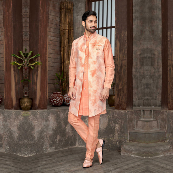 Wedding Wear Silk Indowestern in Peach