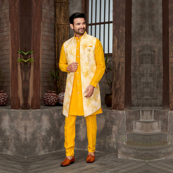 Bright Yellow Rich Silk Wedding Indowestern