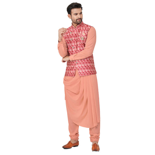 Elegance Men's Peach Jacket Set With Embroidery And Sequins Work