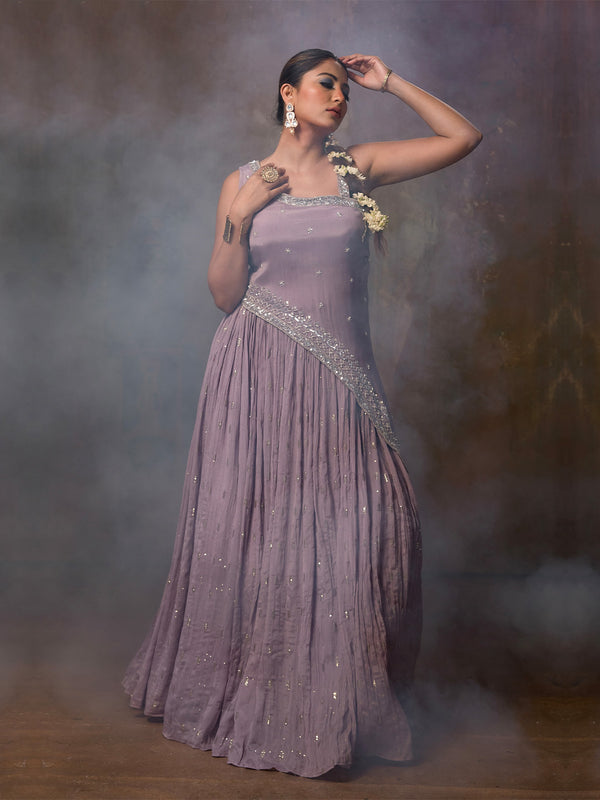 Lavender Sequined Gown Cum Lehenga Choli Set