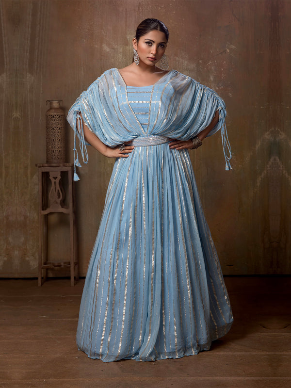 Sky Blue Shimmer Striped Patterned Gown