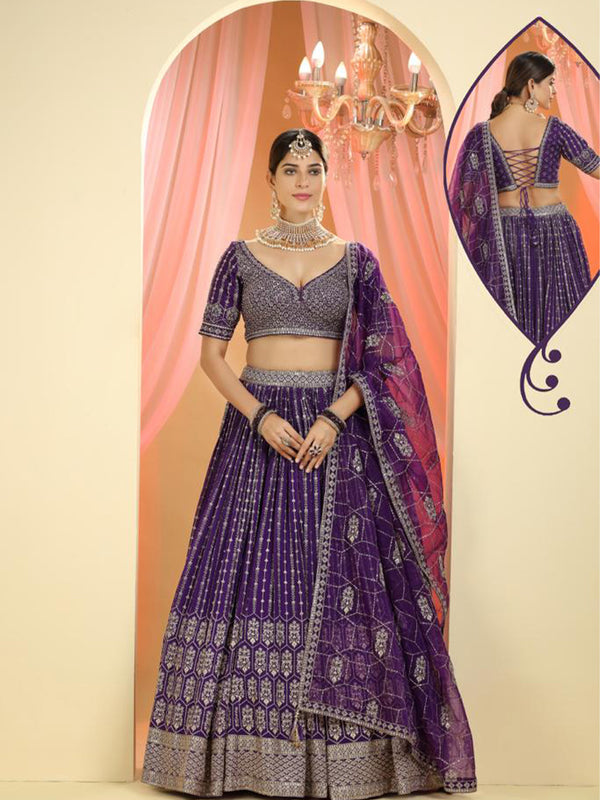 Purple Embellished Lehenga Choli Set in Georgette Silk