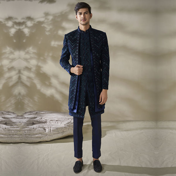 Elegant Navy Blue Coat Style Sherwani