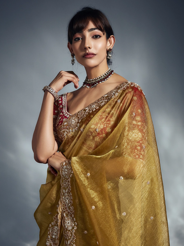 Golden Mustard Organza Saree with Handcrafted Khatli Embroidery