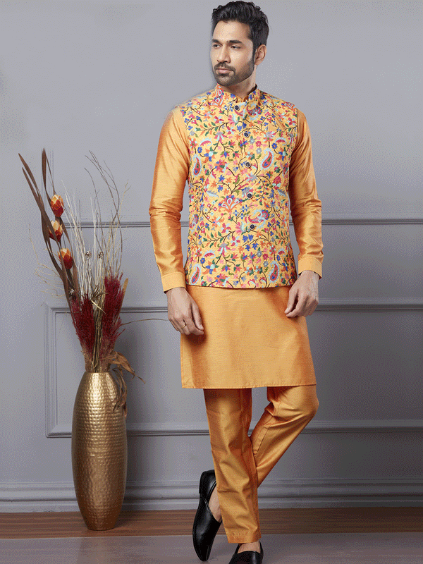 Multi-Color Floral Printed Silk and Kurta Set with Jacket