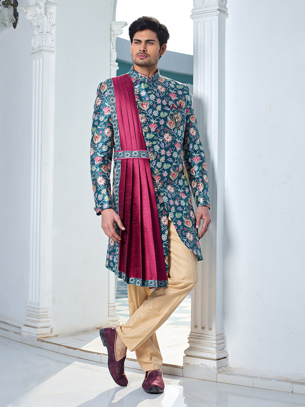 Indo-Western Sherwani in Blue Adorned with Attached Pink Drape