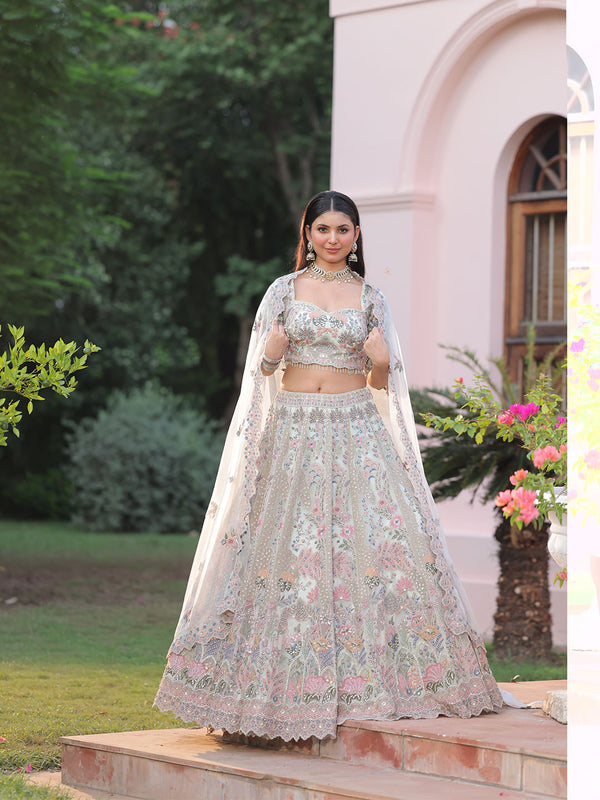 Classic Silver White Delicate Floral Embroidery Lehenga