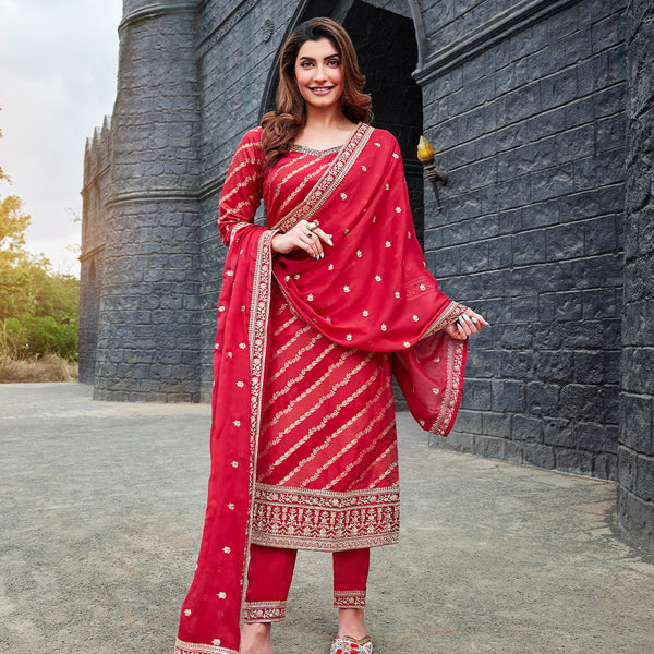 Women Golden Bordered Embellished Leherya Red Dress