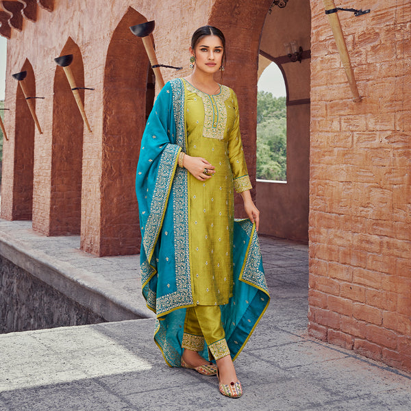 Stunningly Contrasted Lime Green Kurta Pant Adorned with Cobalt Blue Dupatta