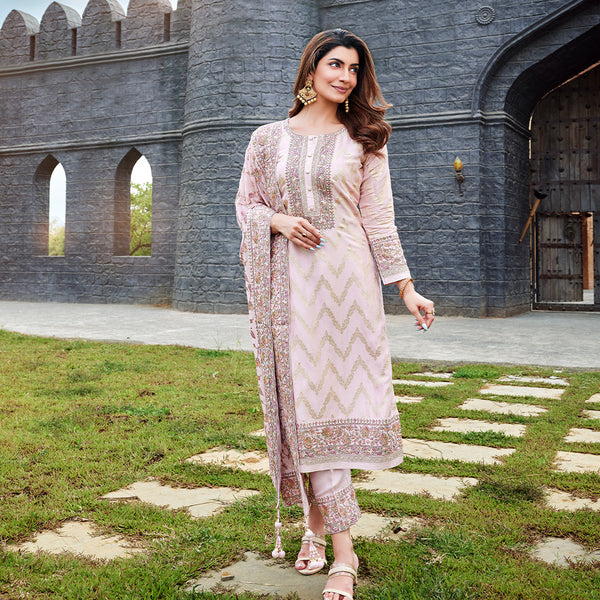 Soft Pink Pant Kurta Set Enriched With Embroidered Borders