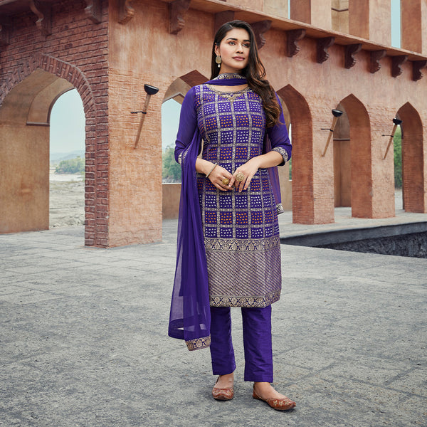 Geometric Print Jamawar Silk Suit in Royal Purple