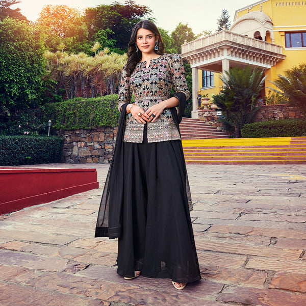 Fabulous Georgette Palaazo in Black Paired With Multi Embroidered Top
