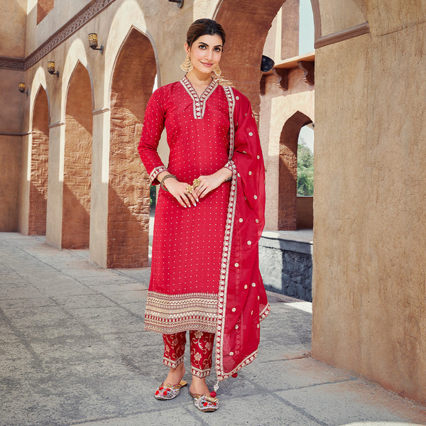 Fierce Red Soft Silk Dress for Women in Jamawar Work