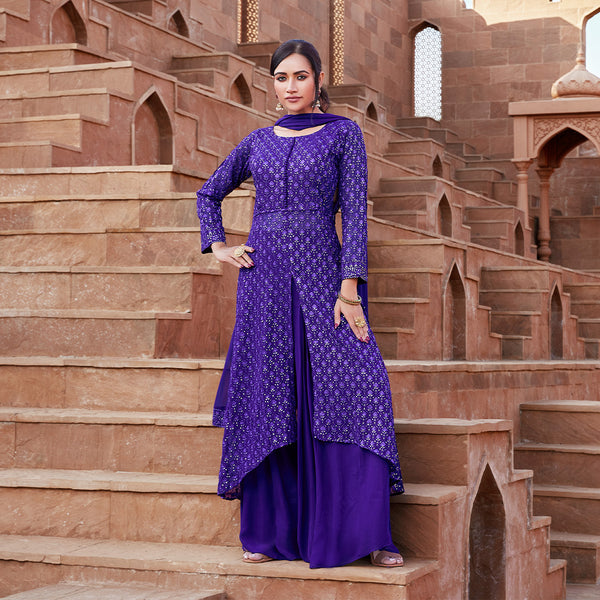 Front Slit A-Line Palazzo Suit in Purple for Women