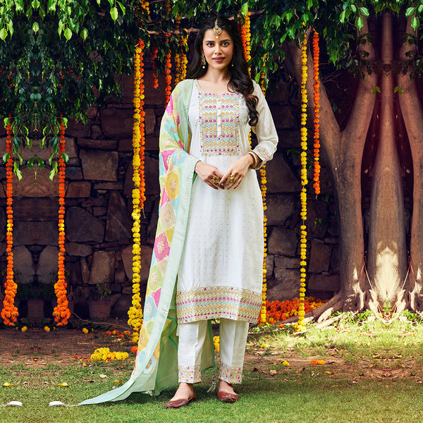 Chic White Dress Enriched with Multicolour Work and Dupatta