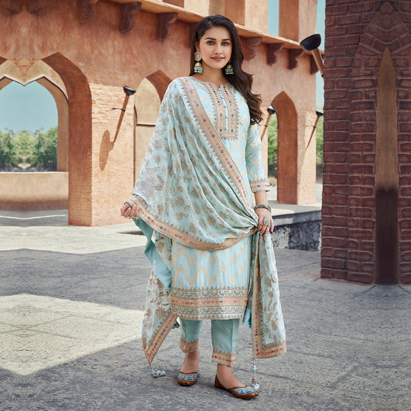 Soft Silk Sea Green Banaras Printed Suit in Heavy Borders