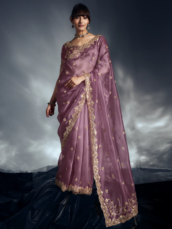 Lilac Lavender Organza Saree with Delicate Khatli Embroidery