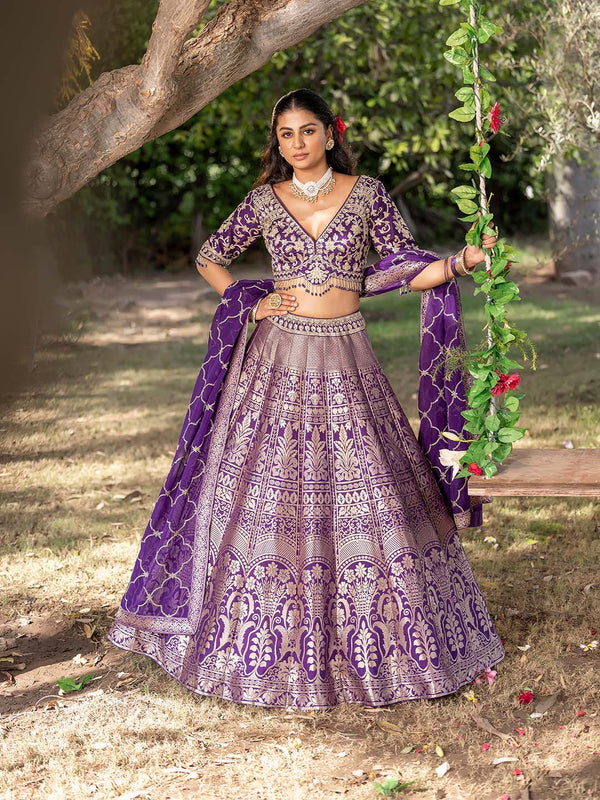 Regal Purple and Silver Patterned Celebration Lehenga