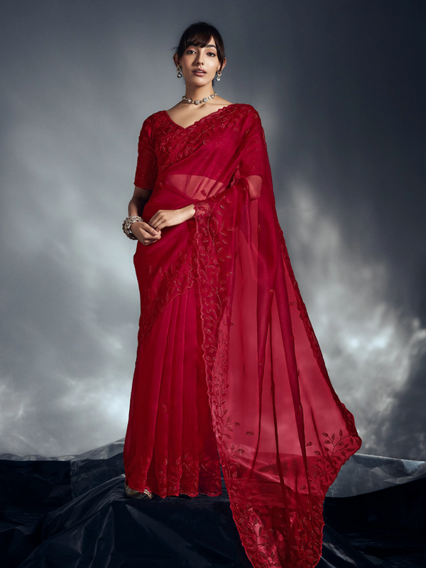 Crimson Red Organza Saree with Exquisite Khatli Embroidery