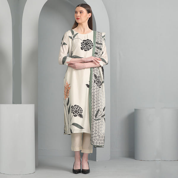 Elegant Soft Beige Floral Designer Salwar Suit