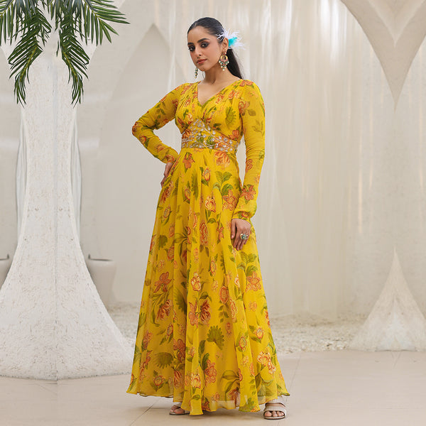 Yellow Fairytale Forest Flared Gown