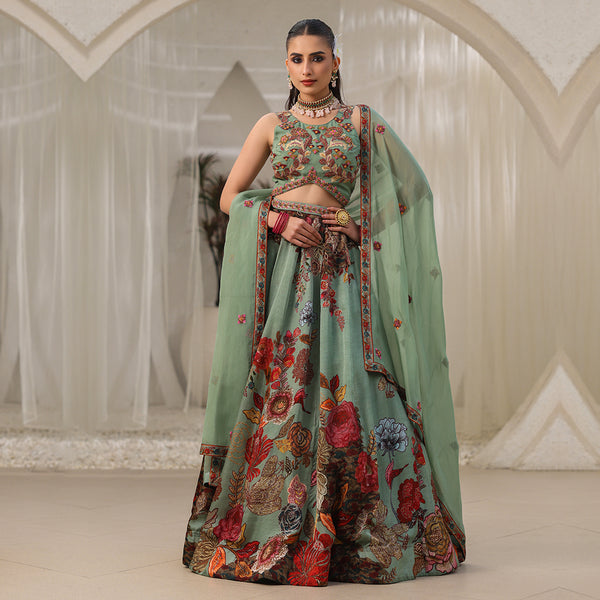 Mint Pastel Green Lehenga Set with Floral Motifs