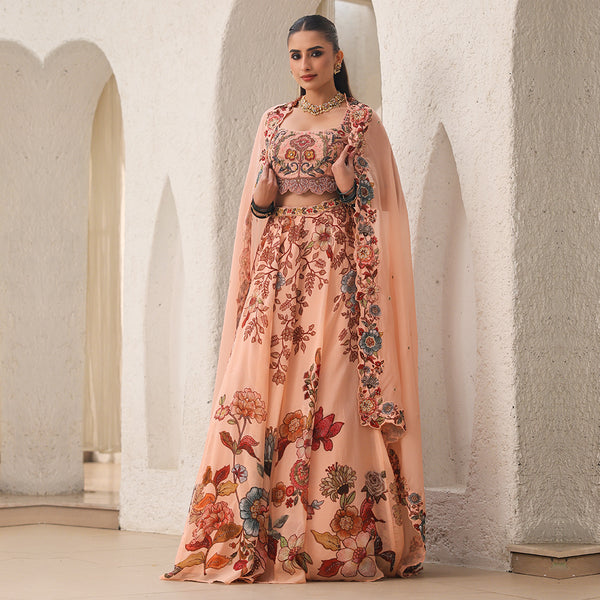 Peach Paradise Floral Printed Lehenga Set