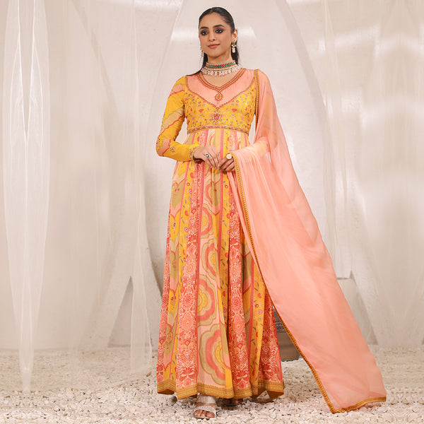 Yellow and Peach Floral Motifs Anarkali Set