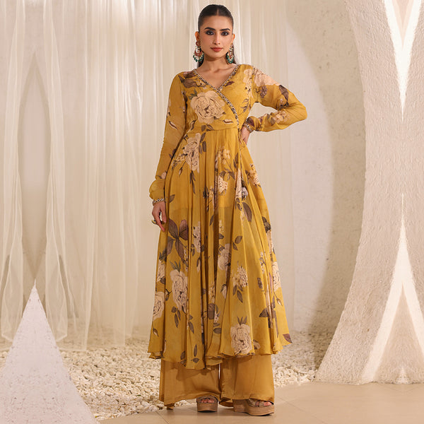 Floral Yellow Anarkali and Palazzo Set