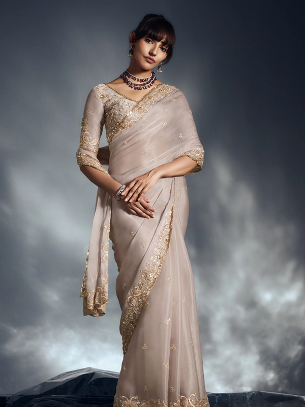Elegant Sand Beige Organza Saree with Intricate Khatli Detailing
