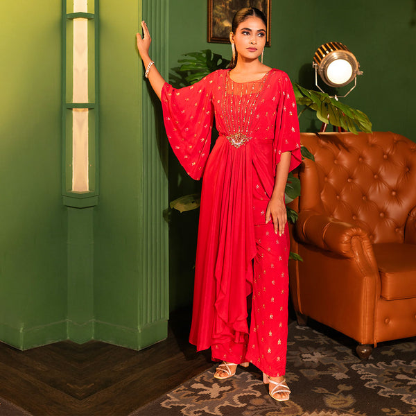 Red Asymmetrical Flared Dress Set